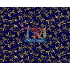 Tecido tricoline, microfibra ou gabardine estampado - Natal - Arabesco dourado - fundo azul