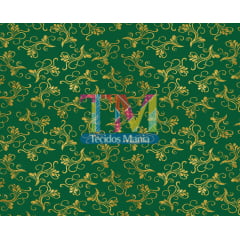 Tecido tricoline, microfibra ou gabardine estampado - Natal - Arabesco dourado - fundo verde 