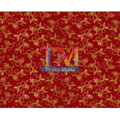 Tecido tricoline, microfibra ou gabardine estampado - Natal - Arabesco dourado - fundo vermelho