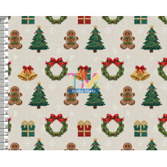 Tecido tricoline, microfibra ou gabardine estampado - Natal - enfeites e sinos - 3D
