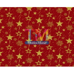 Tecido tricoline, microfibra ou gabardine estampado - Natal - Estrela gold - fundo vermelho