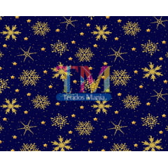 Tecido tricoline, microfibra ou gabardine estampado - Natal - Flocos de neve dourado - fundo azul