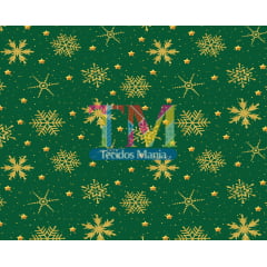 Tecido tricoline, microfibra ou gabardine estampado - Natal - Flocos de neve dourado - fundo verde