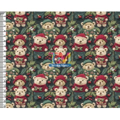Tecido tricoline, microfibra ou gabardine estampado - Natal - Urso e azevinho - 3D