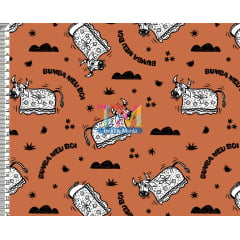 Tecido tricoline, microfibra ou gabardine estampado - Nordeste - Bumba meu boi - Fundo Laranja