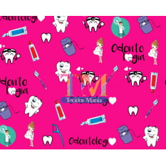Tecido tricoline, microfibra ou gabardine estampado - Odontologia - Fundo pink