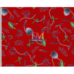 Tecido tricoline, microfibra ou gabardine estampado - Ogum - Ogunhê - Fundo Vermelho