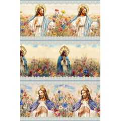 Tecido tricoline, microfibra ou gabardine estampado - Painel Barrado religioso - Jesus