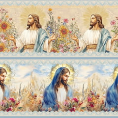 Tecido tricoline, microfibra ou gabardine estampado - Painel Barrado religioso - Jesus