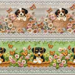 Tecido tricoline, microfibra ou gabardine estampado - Painel Barrado Bordado - Dogs na cesta