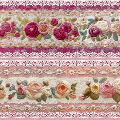 Tecido tricoline, microfibra ou gabardine estampado - Painel Barrado Bordado - Floral Rosas