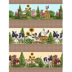 Tecido tricoline, microfibra ou gabardine estampado - Painel Barrado - Fazenda - Xadez marrom