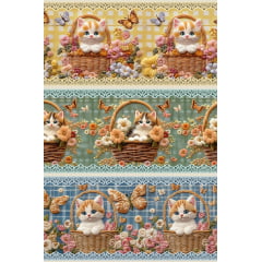 Tecido tricoline, microfibra ou gabardine estampado - Painel Barrado Gatinhos
