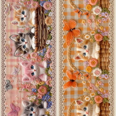Tecido tricoline, microfibra ou gabardine estampado - Painel Barrado Gatinhos