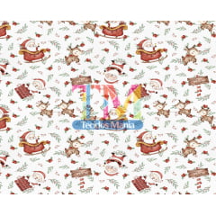 Tecido tricoline, microfibra ou gabardine estampado - Papai Noel e Renas - aquarela - fundo azevinho