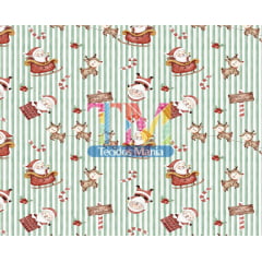Tecido tricoline, microfibra ou gabardine estampado - Papai Noel e Renas - aquarela - fundo listrado