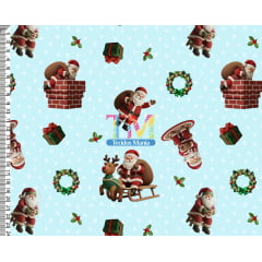 Tecido tricoline, microfibra ou gabardine estampado - Papai noel - Chaminé - Fundo azul - Bordado - 3D Tecido tricoline, microfibra ou gabardine estampado - Papai noel - Chaminé - Fundo azul - Bordado - 3D