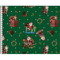 Tecido tricoline, microfibra ou gabardine estampado - Papai noel - Chaminé - Fundo verde - Bordado - 3D Tecido tricoline, microfibra ou gabardine estampado - Papai noel - Chaminé - Fundo verde - Bordado - 3D