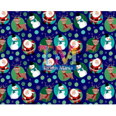 Tecido tricoline, microfibra ou gabardine estampado - Papai Noel e boneco de neve - Fundo azul
