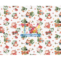 Tecido tricoline, microfibra ou gabardine estampado - Papai Noel e seus bichinhos - aquarela - fundo branco