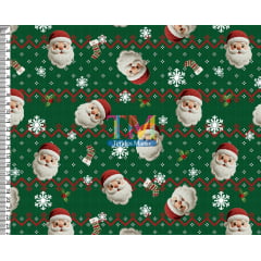 Tecido tricoline, microfibra ou gabardine estampado - Papai Noel - Tricô Verde - Bordado - 3D Tecido tricoline, microfibra ou gabardine estampado - Papai Noel - Tricô Verde - Bordado - 3D