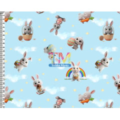 Tecido tricoline, microfibra ou gabardine estampado - Páscoa - coelho baby - fundo azul