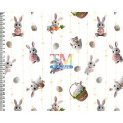 Tecido tricoline, microfibra ou gabardine estampado - Páscoa - coelho - ovos - fundo branco
