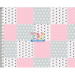 Tecido tricoline, microfibra ou gabardine estampado -  Patchwork - cinza e rosa