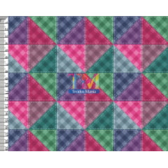 Tecido tricoline, microfibra ou gabardine estampado - Patchwork - Triângulos coloridos - fundo xadrez