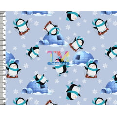 Tecido tricoline, microfibra ou gabardine estampado - Pinguins na neve - fundo azul