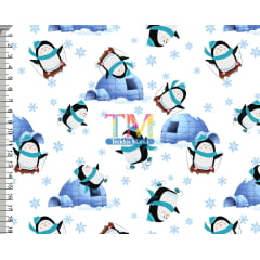 Tecido tricoline, microfibra ou gabardine estampado - Pinguins na neve - fundo branco