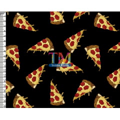 Tecido tricoline, microfibra ou gabardine estampado - Pizza fatia - fundo preto