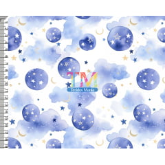 Tecido tricoline, microfibra ou gabardine estampado - Planeta e Lua - Aquarela