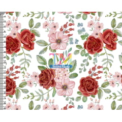 Tecido tricoline, microfibra ou gabardine estampado - Rosas Lari - Fundo Branco