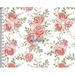 Tecido tricoline, microfibra ou gabardine estampado - Rosas - Rosa Bebê com Dourado