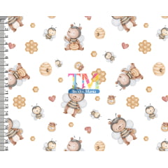 Tecido tricoline, microfibra ou gabardine estampado - Ursinho abelha - fundo branco