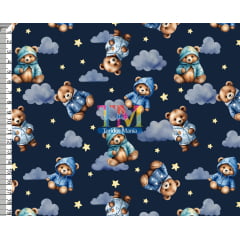 Tecido tricoline, microfibra ou gabardine estampado - Ursinho de Roupinha - Nuvens - Fundo Azul