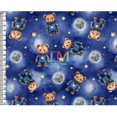 Tecido tricoline, microfibra ou gabardine estampado - Ursinho - Estrelas - Fundo Galáxia