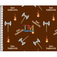 Tecido tricoline, microfibra ou gabardine estampado - Xangô - Kaô Kabiecilê - Fundo Marrom