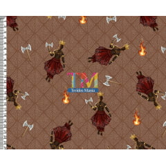 Tecido tricoline, microfibra ou gabardine estampado - Xangô - Machado - Fundo Marrom