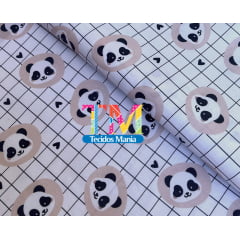 Tecido tricoline digital - Panda - fundo quadriculado