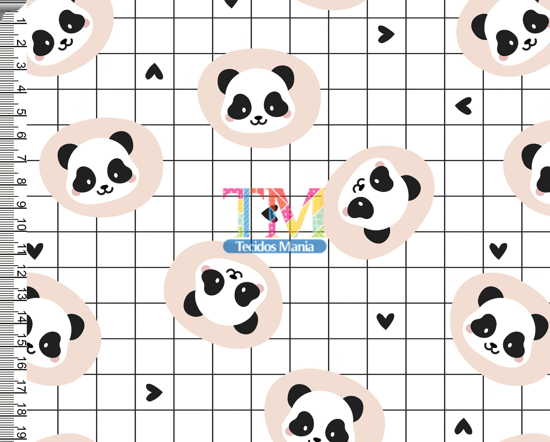 Tecido tricoline digital - Panda - fundo quadriculado