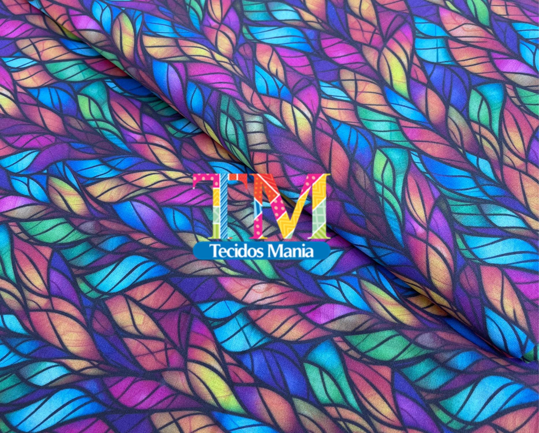 Tecido tricoline digital - Vitral folhas coloridas - vintage
