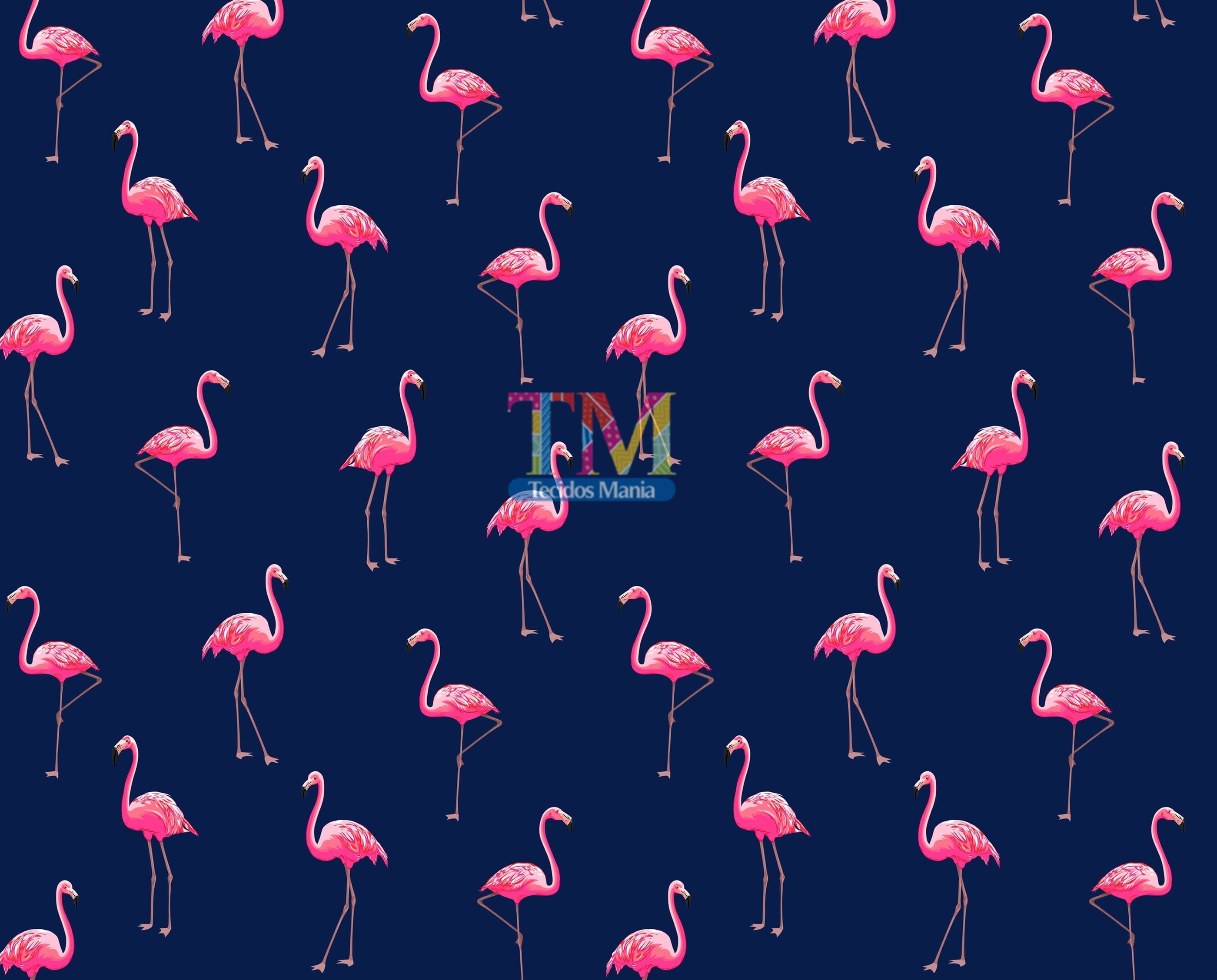 Tecido tricoline, microfibra ou gabardine estampado - Flamingo - Fundo Marinho